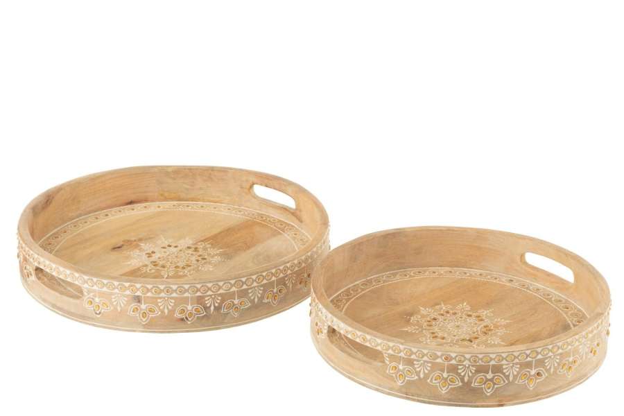 SET OF 2 TRAY 2 HANDLE BEADS MANGO WOOD NATURAL/WHITE