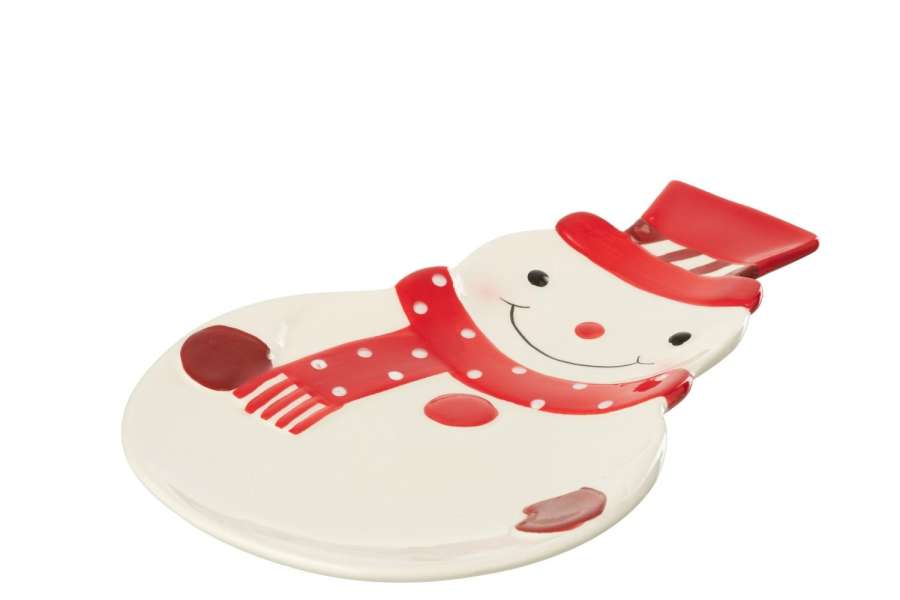 PLATE SNOWMAN DOLOMITE CHRISTMAS RED/WHITE