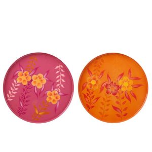 DECORATIVE TRAY FLOWERS METAL PINK/ORANGE ASSORTMENT OF 2
