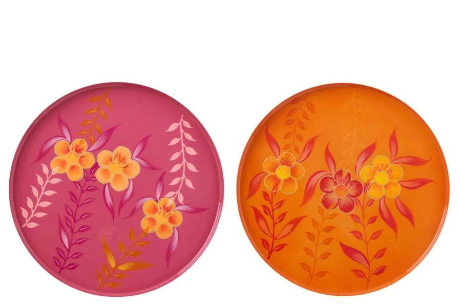 DECORATIVE TRAY FLOWERS METAL PINK/ORANGE ASSORTMENT OF 2