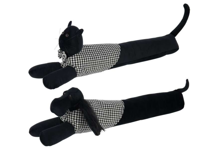 DRAUGHT EXCLUDER DOG + CAT PIED-DE-POULE POLYESTER BLACK/WHITE ASSORTMENT OF 2