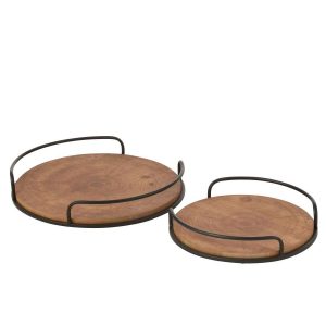 SET OF 2 TRAYS ROUND MDF/IRON NATURAL/BLACK