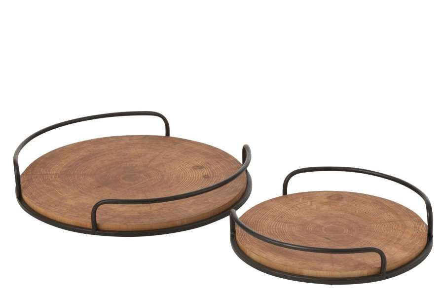 SET OF 2 TRAYS ROUND MDF/IRON NATURAL/BLACK