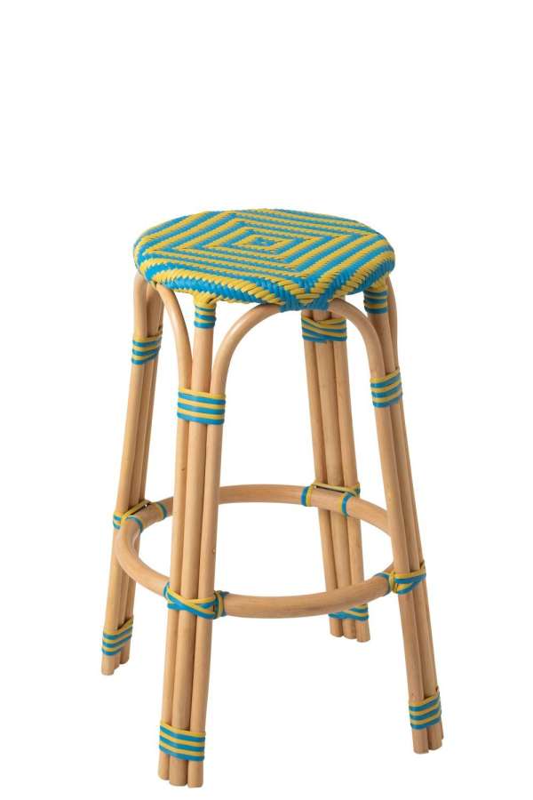 STOOL GEO RATTAN YELLOW/AZURE BLUE