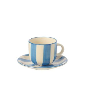COFFEE CUP + SAUCER STRIPED STONEWARE BLUE/WHITE
