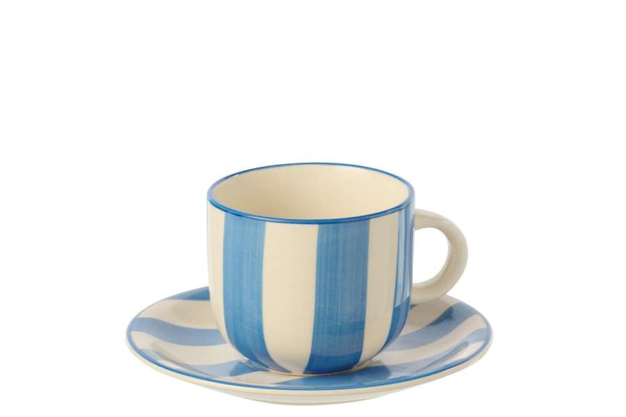 COFFEE CUP + SAUCER STRIPED STONEWARE BLUE/WHITE