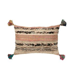 CUSHION RECTANGLE BRAIDED CHINDI+TASSELS COTTON CREAM/BROWN