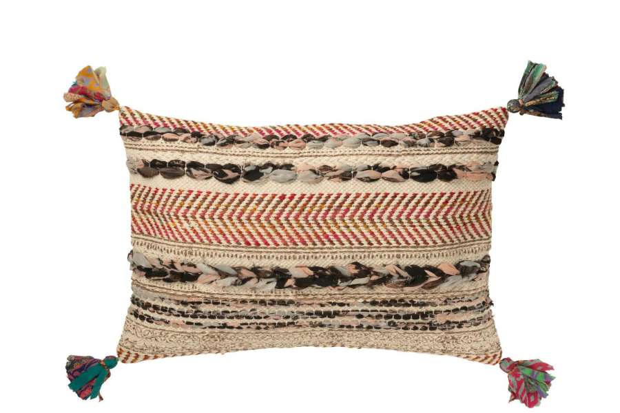 CUSHION RECTANGLE BRAIDED CHINDI+TASSELS COTTON CREAM/BROWN