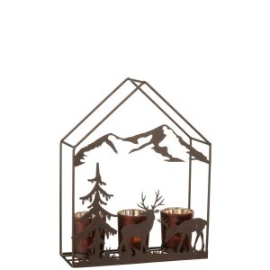 TEALIGHT HOLDER HOUSE 3 GLASSES IRON RUST BROWN/BROWN