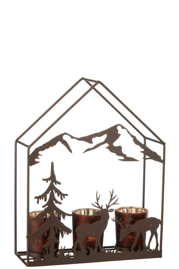 TEALIGHT HOLDER HOUSE 3 GLASSES IRON RUST BROWN/BROWN