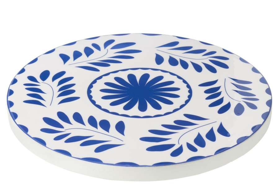 TRAY TURNING ROUND FLORAL PATTERN MANGO WOOD BLUE/WHITE