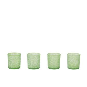 TEALIGHT HOLDER ANIMAL PRINT GLASS GREEN SMALL ASSORTMENT OF 4