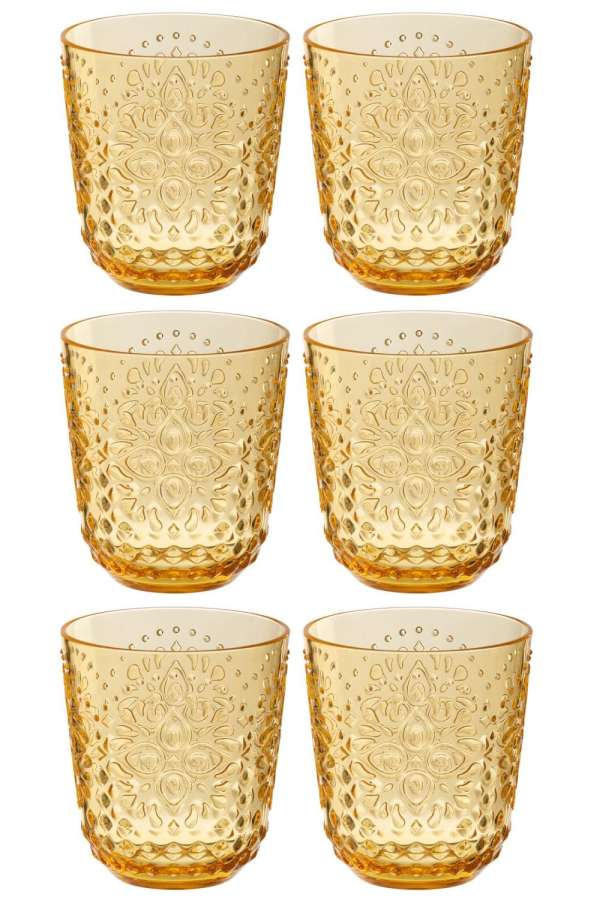 BOX OF 6 DRINK GLASS PLASTIC YELLOW