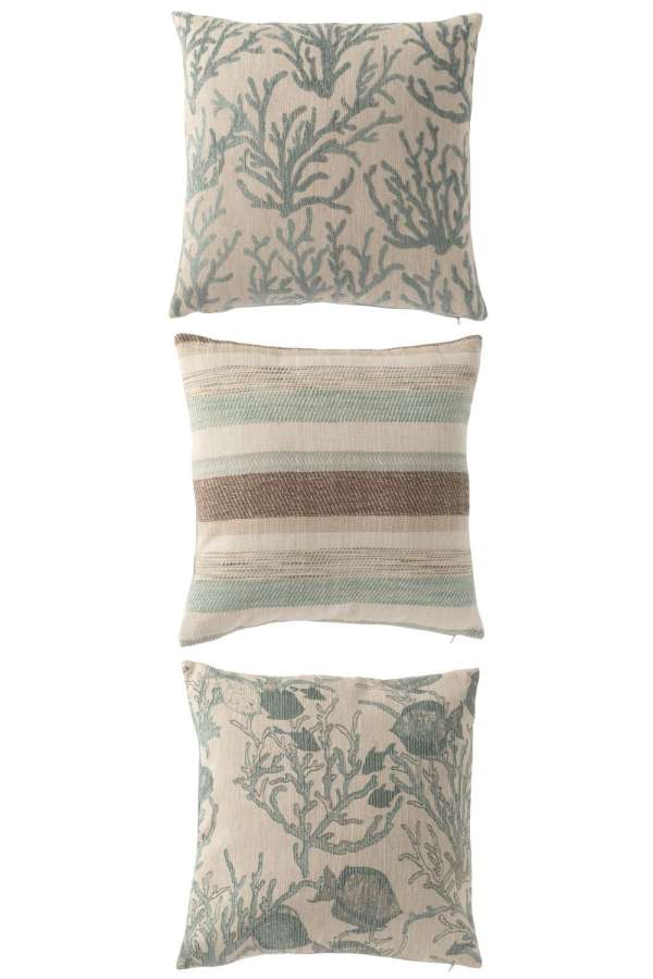 CUSHION CORAL/STRIPES SQUARE POLYESTER BLUE/OFF-WHITE ASSORTMENT OF 3