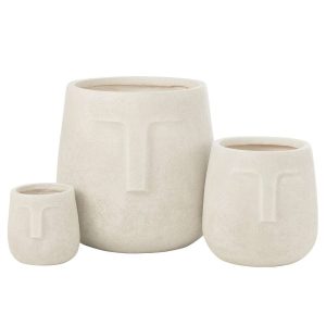 SET OF 3  FLOWERPOTS MOAI  CLAY WHITE