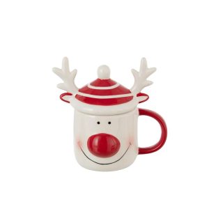 MUG + LID REINDEER DOLOMITE WHITE/RED