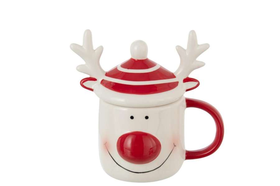 MUG + LID REINDEER DOLOMITE WHITE/RED