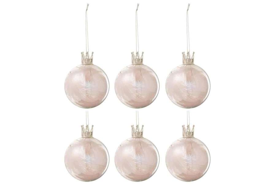 BOX OF 6 CHRISTMAS BAUBLES CROWN FEATHER LIGHT PINK GLASS CLEAR SMALL