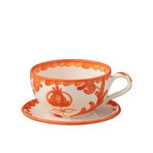 CUP+PLATE GRANADA CERAMIC WHITE/ORANGE