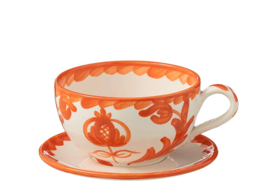 CUP+PLATE GRANADA CERAMIC WHITE/ORANGE