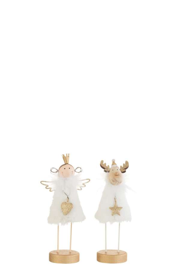 ANGEL/REINDEER ON FOOT FUR/WOOD WHITE/GOLD SMALL ASSORTMENT OF 2