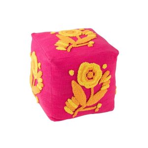 POUF SQUARE FLOWER COTTON PINK/ORANGE/YELLOW