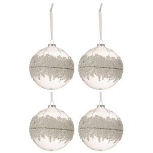 BOX OF 4 CHRISTMAS BAUBLES SUGAR MIDDLE DIAMONDS LINE GLASS CLEAR LARGE