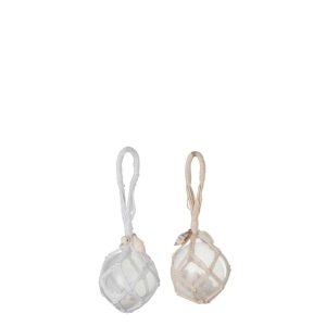BALL DECO HANGER GLASS WHITE/BEIGE ASSORTMENT OF 2