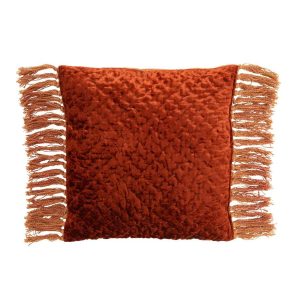 CUSHION SHINY EMBOSSED+FRINGES VISCOSE/COTTON COPPER