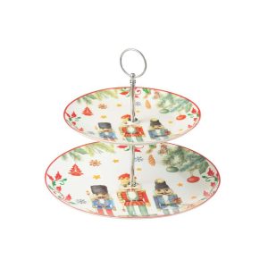 CAKE STAND 2 TIER ROUND NUTCRACKER  GIFTBOX CERAMICES WHITE