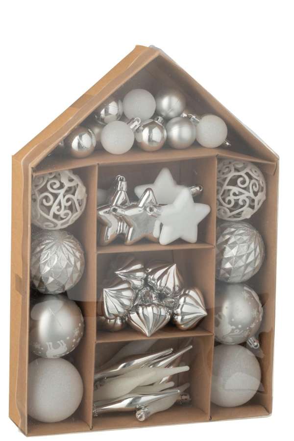 BOX OF 50 CHRISTMAS BAUBLE PLASTIC SILVER COLORED/WHITE