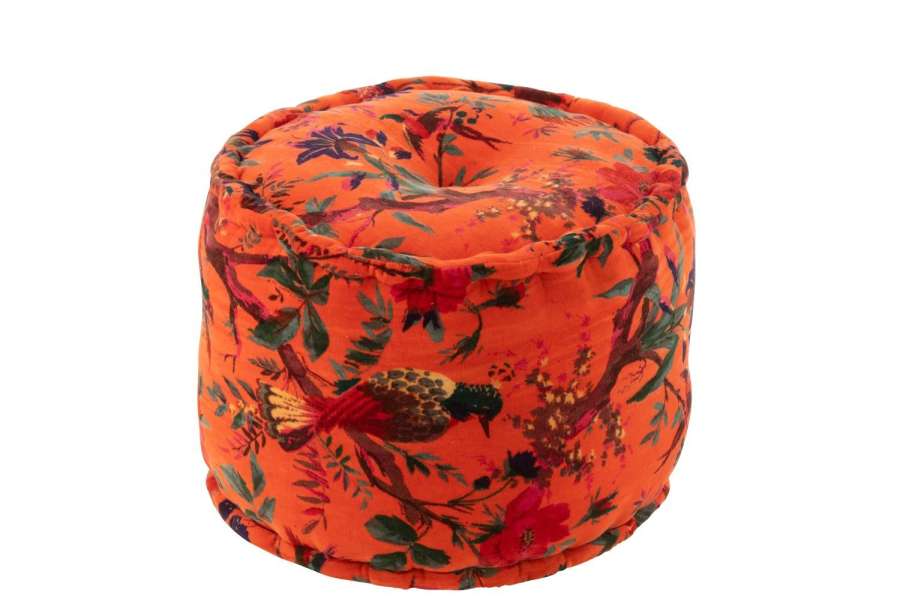 POUF ROUND BIRDS/FLOWERS COTTON VELVET ORANGE