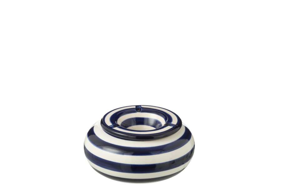 ASHTRAY GRANADA STRIPES CERAMIC WHITE/COBALTO BLUE LARGE