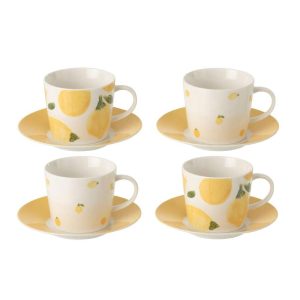 BOX OF 4 COFFEE CUP  +  SAUCER LEMON CERAMIC WHITE/YELLOW LARGE