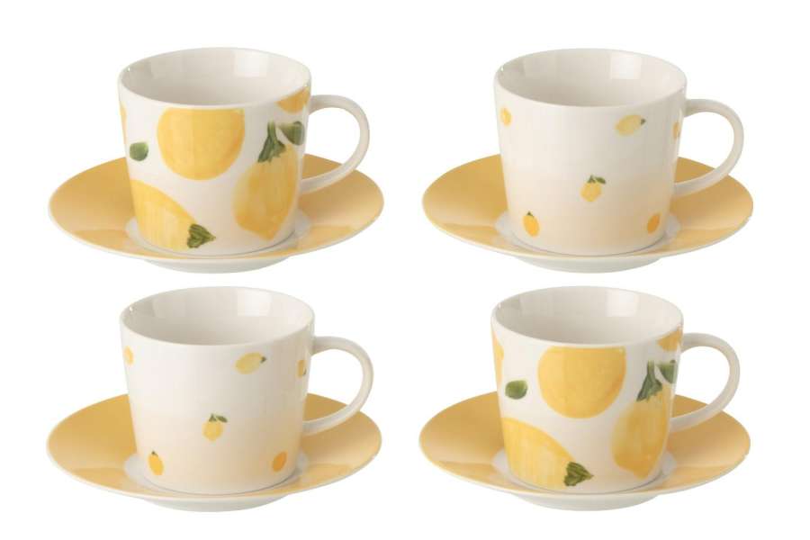 BOX OF 4 COFFEE CUP  +  SAUCER LEMON CERAMIC WHITE/YELLOW LARGE