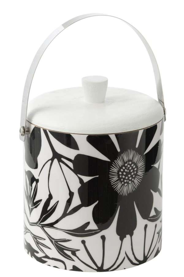 ICE BUCKET FLORAL PATTERN MANGO WOOD BLACK/WHITE
