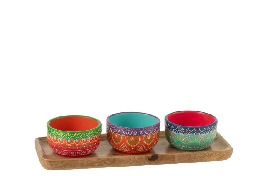 TRAY + 3 BOWLS MUMBAI TERRACOTTA/WOOD MIX