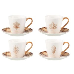BOX OF 4 TEA CUP+SAUCER LEAF WINDOWNBOX CERANMICS BROWN LARGE