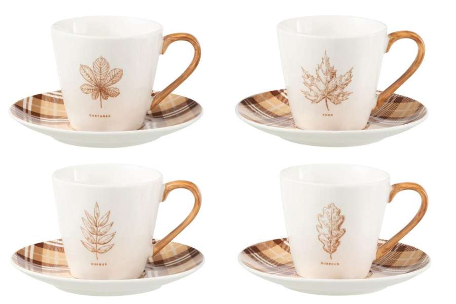 BOX OF 4 TEA CUP+SAUCER LEAF WINDOWNBOX CERANMICS BROWN LARGE