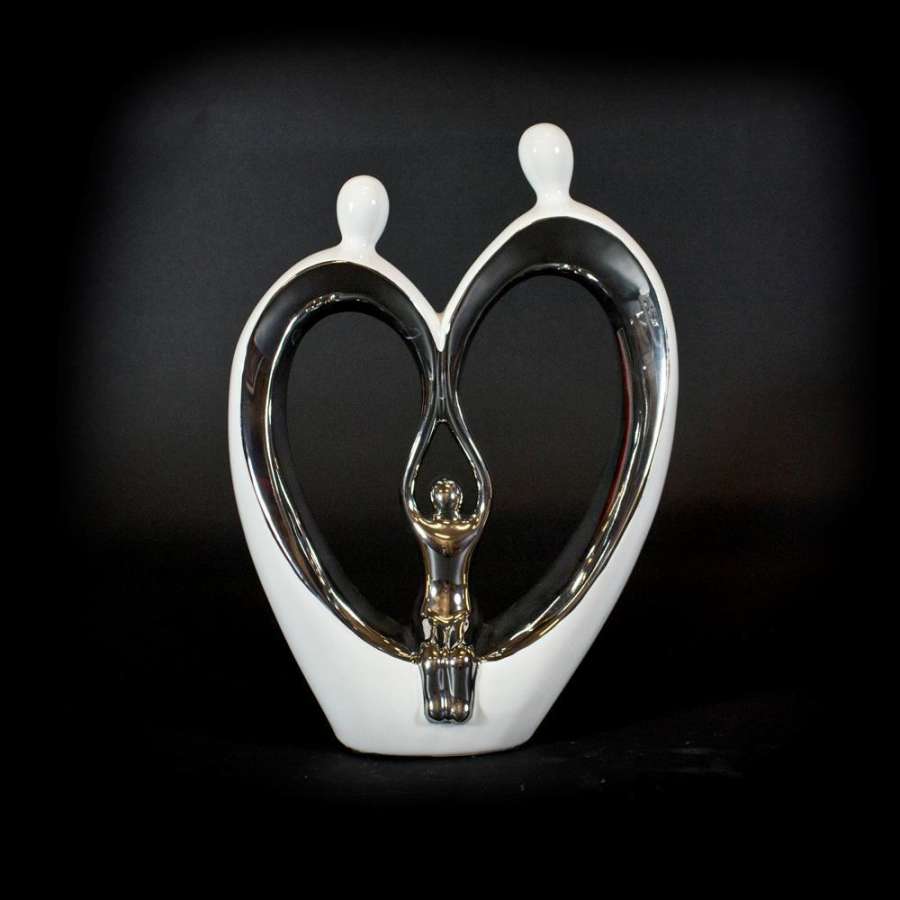 Figur Hjertepar m/barn- hvit/sølv 30cm