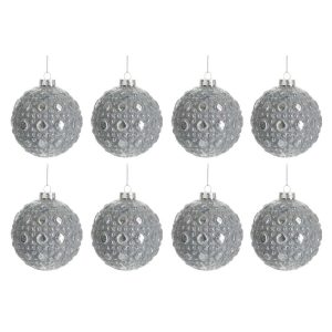 BOX OF 8 BAUBLE ROUND PATTERN GLASS ANTIQUE GREY SMALL 8CM
