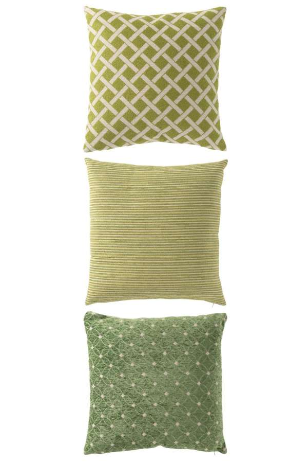 CUSHION SQUARE POLYESTER GREEN/OFF-WHITE ASSORTMENT OF 3