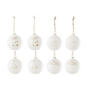 BOX OF 8 CHRISTMAS BAUBLE 2+2+2+2 TEXT CHRISTMAS GLASS WHITE/GOLD