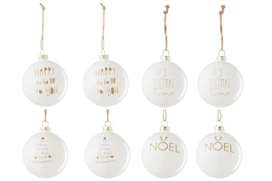 BOX OF 8 CHRISTMAS BAUBLE 2+2+2+2 TEXT CHRISTMAS GLASS WHITE/GOLD