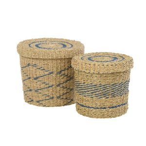 SET OF 2 BASKET +  LID STRIPED PAPER NATURAL/BLUE