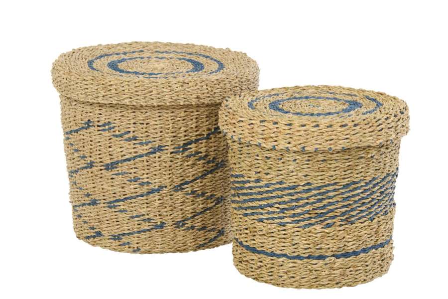SET OF 2 BASKET +  LID STRIPED PAPER NATURAL/BLUE