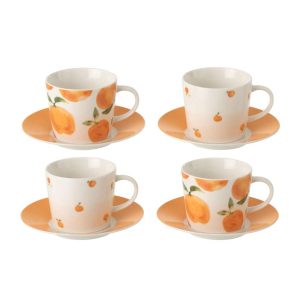 BOX OF 4 COFFEE CUP  +  SAUCER ORANGE CERAMIC WHITE/ORANGE LARGE