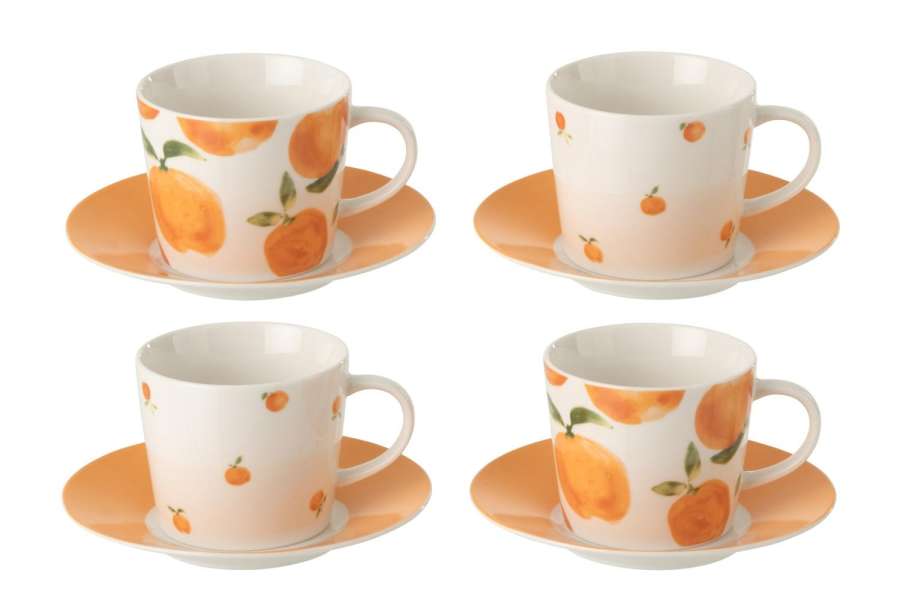 BOX OF 4 COFFEE CUP  +  SAUCER ORANGE CERAMIC WHITE/ORANGE LARGE