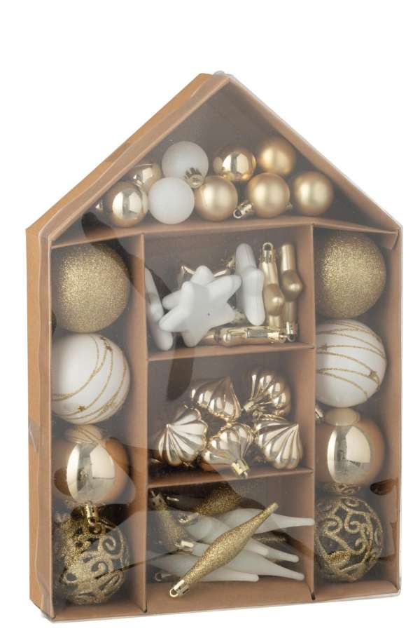 BOX OF 50 CHRISTMAS BAUBLE PLASTIC GOLD COLORED/WHITE