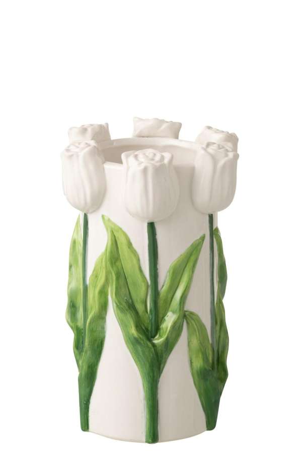 VASE TULIP CERAMIC WHITE/GREEN MEDIUM